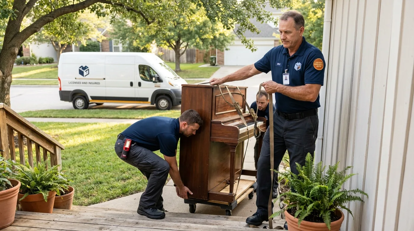 Licensed piano movers securing grand piano in Palmer, AK