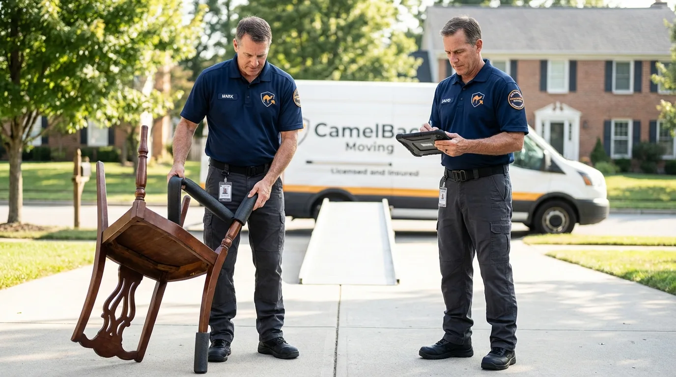 Movers inspecting furniture for damage prevention before loading in Palmer, AK