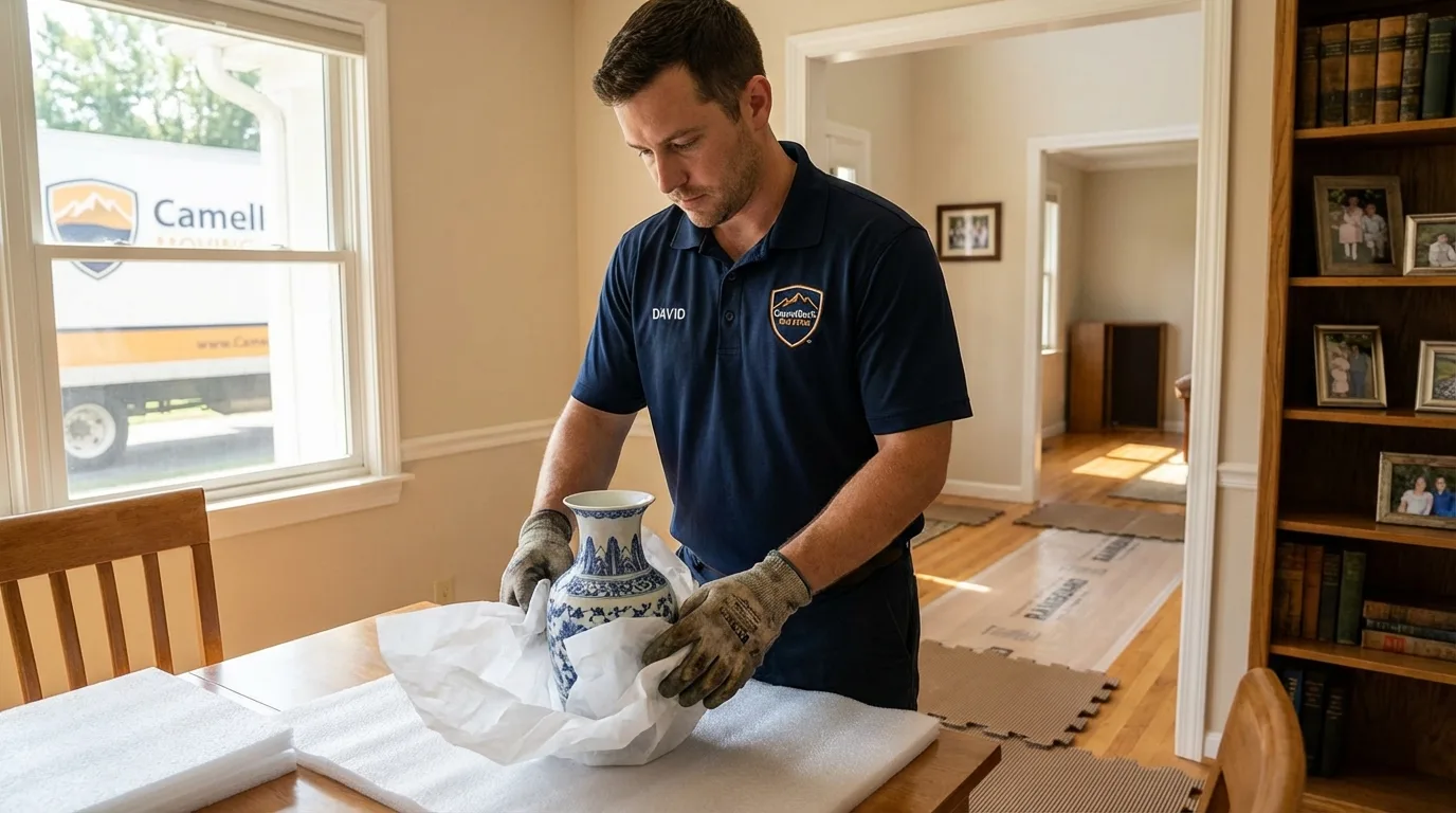 Professional crew carefully wrapping antique vase for senior downsizing move in Palmer, AK